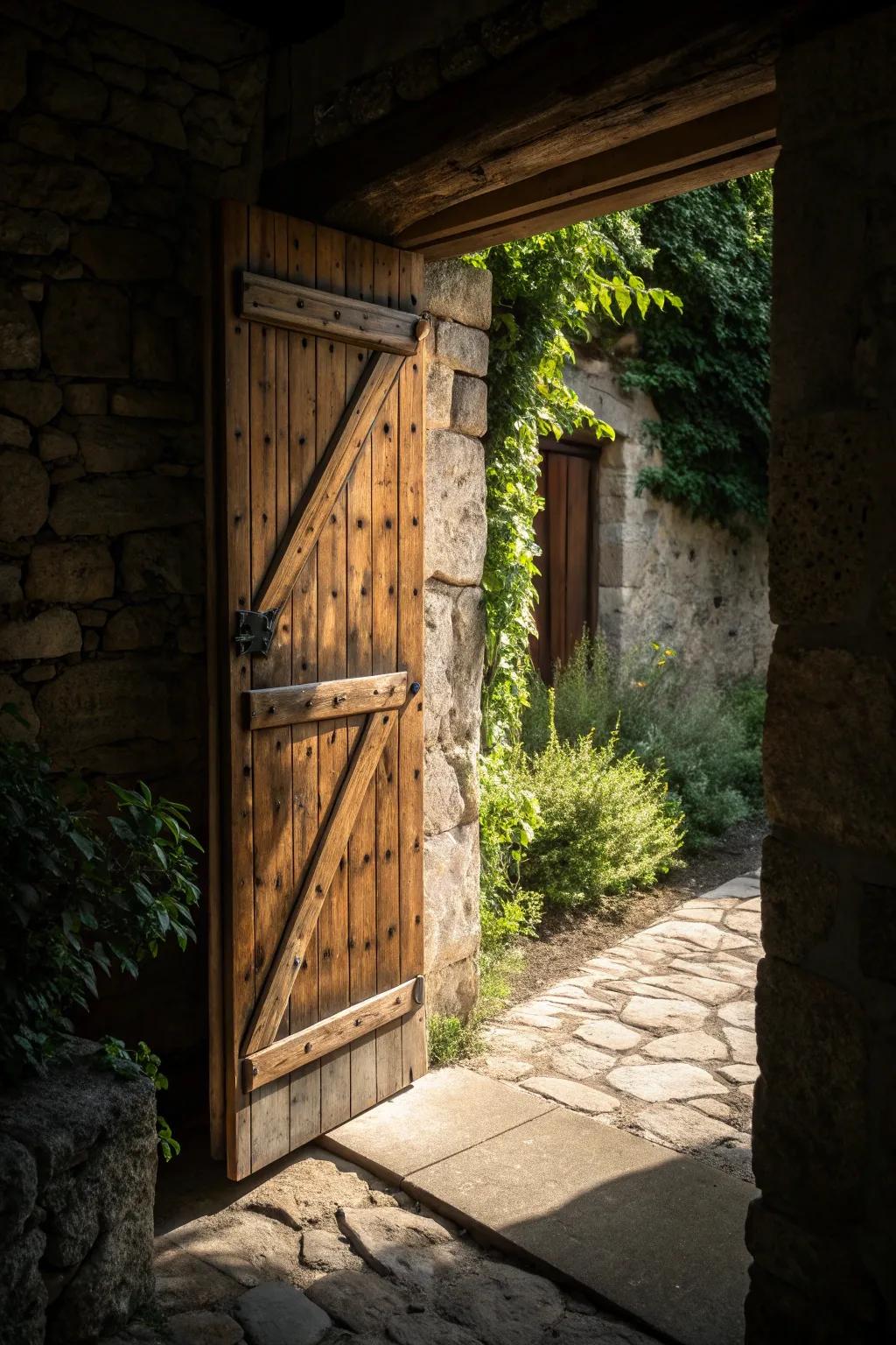 Unseal the enigma: a rustic barn entryway conceals your secret garden escape.