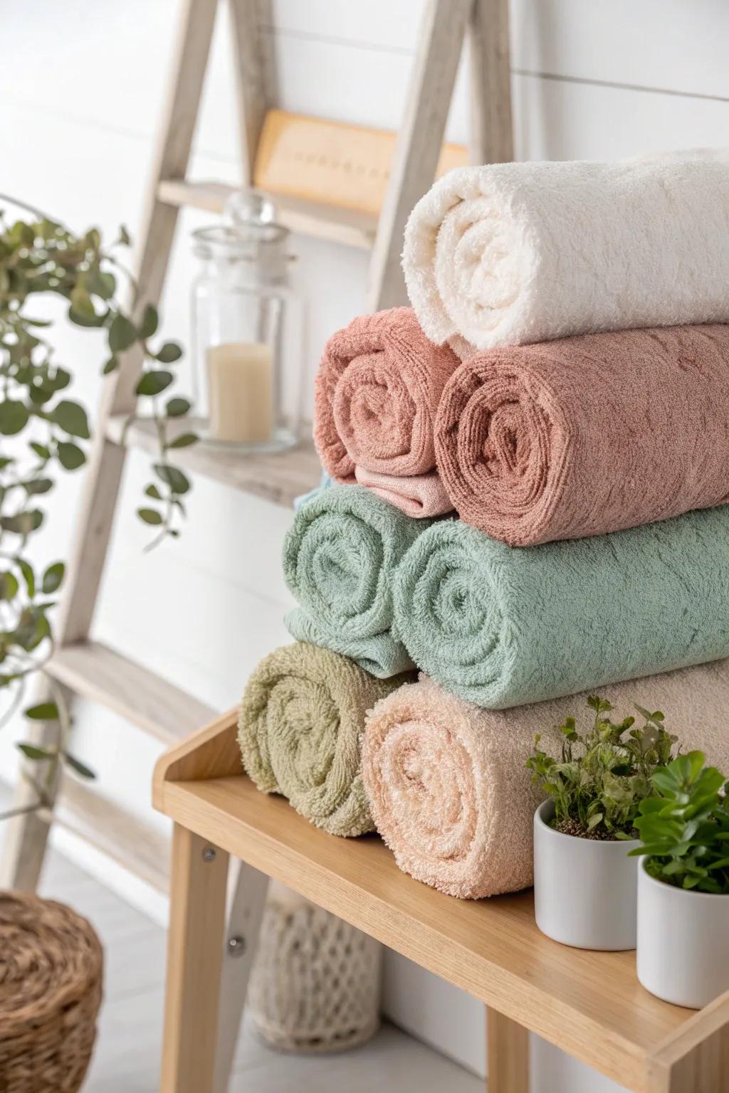 Elevate your bathroom decor with a stunning color block display of rolled washcloths, blending minimalism with a bohemian touch.