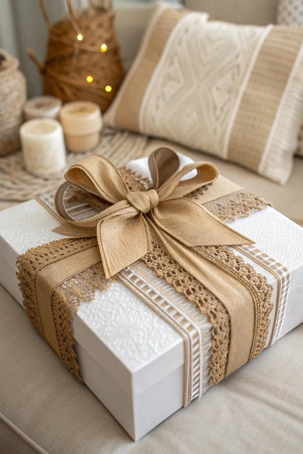 Elevate your present wrapping with an opulent fusion of gloss and hessian strings.