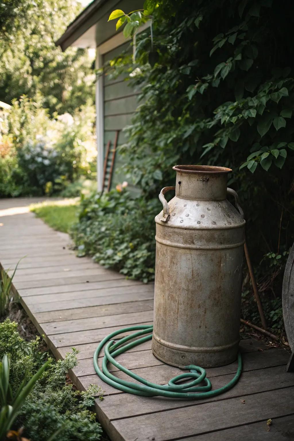 Elevate your garden's charm with a country-inspired metal canister hose holder.