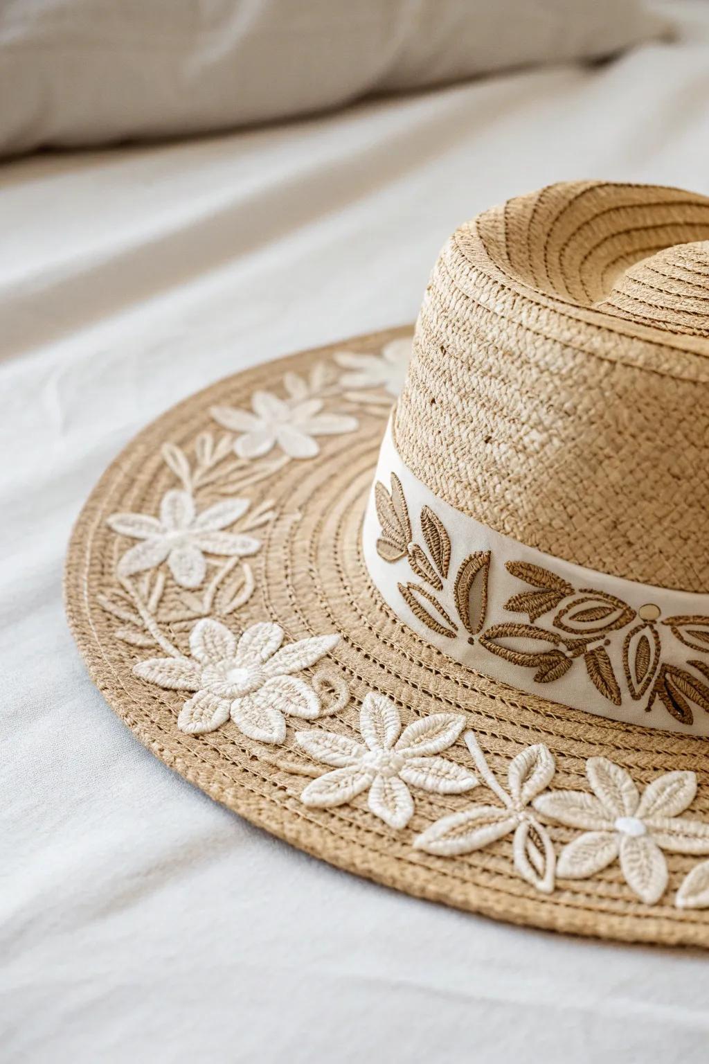 With floral appliqués on a traditional straw hat, elevate your bohemian style; simplicity and artistic flair come together.