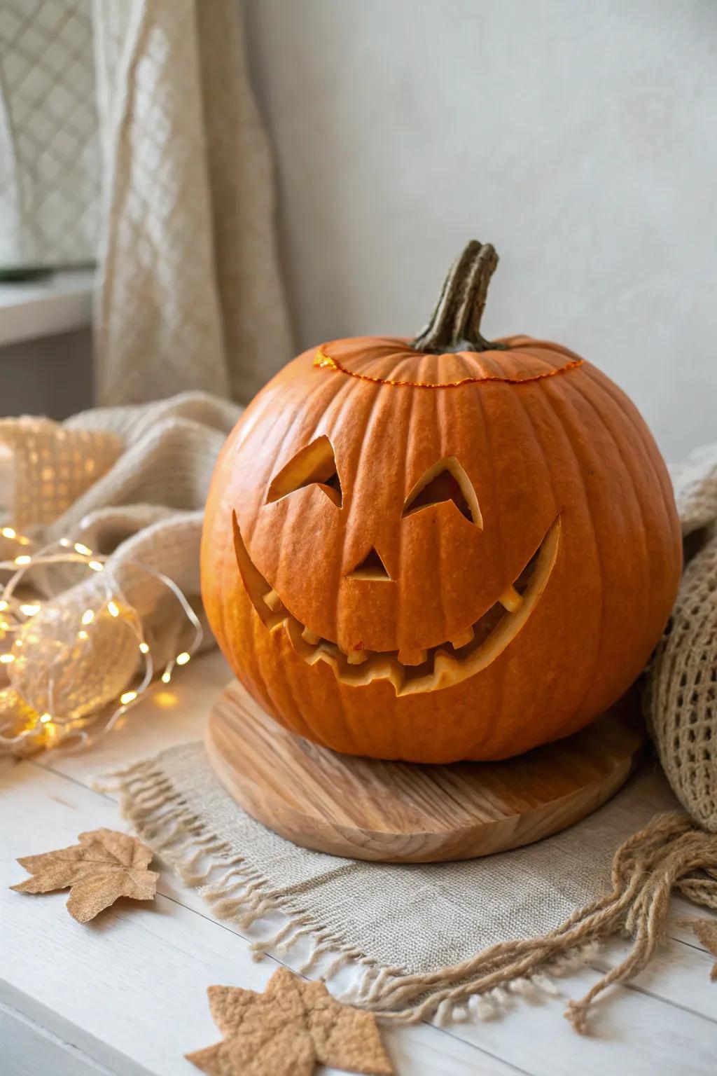 Celebrate the joy of the season with an endearing undulating smile pumpkin design that brightens any space with laughter!