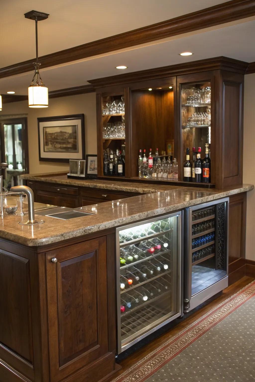 An oenophile’s paradise featuring specialized storage in an L-shaped wet bar.
