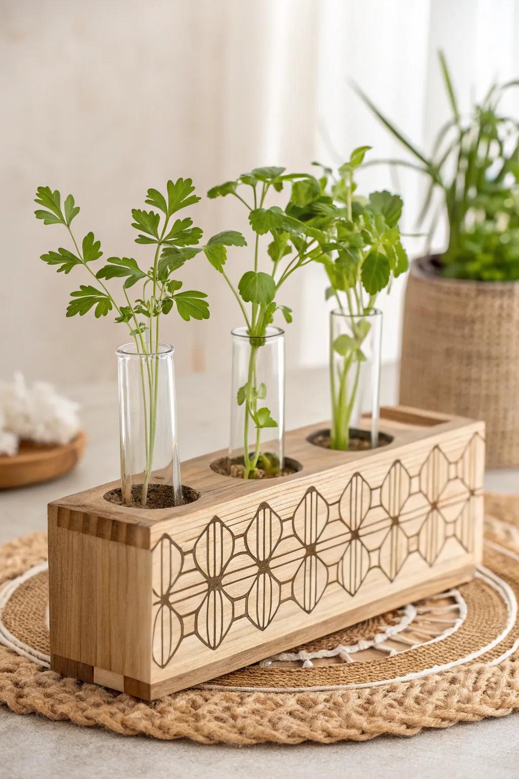Elevate your indoor oasis with this stunning laser-etched seedling bed: where minimalist aesthetic meets natural splendor.