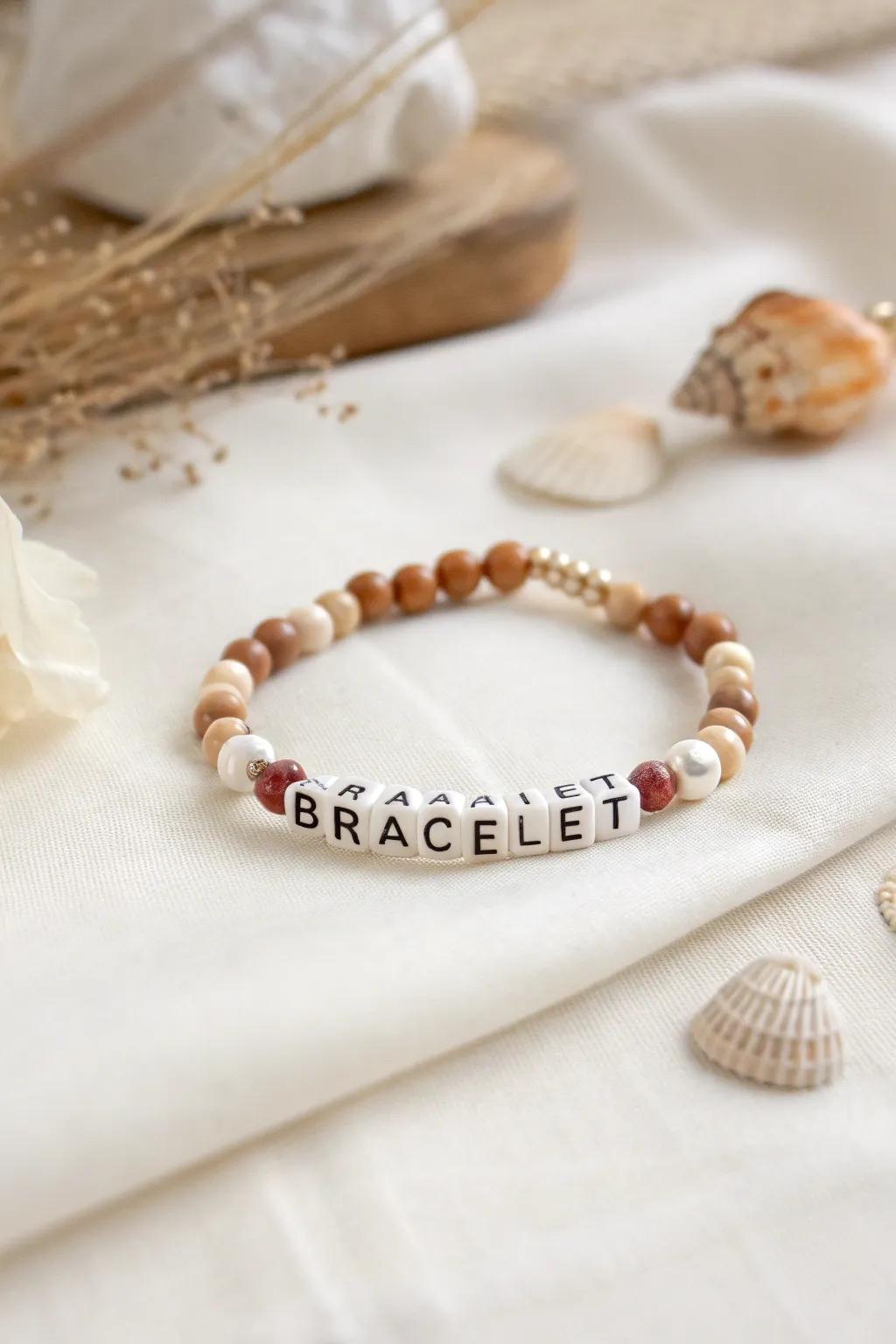 Celebrate nature with this charming letter bracelet, combining timber beads and shells for an earthy elegance.