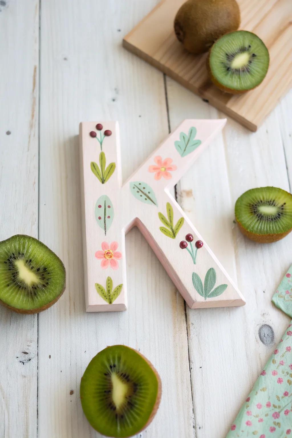 Get creative with nature's sweetness! Decorate a wooden 'K' with delightful kiwi art for a fun and fruity craft project.