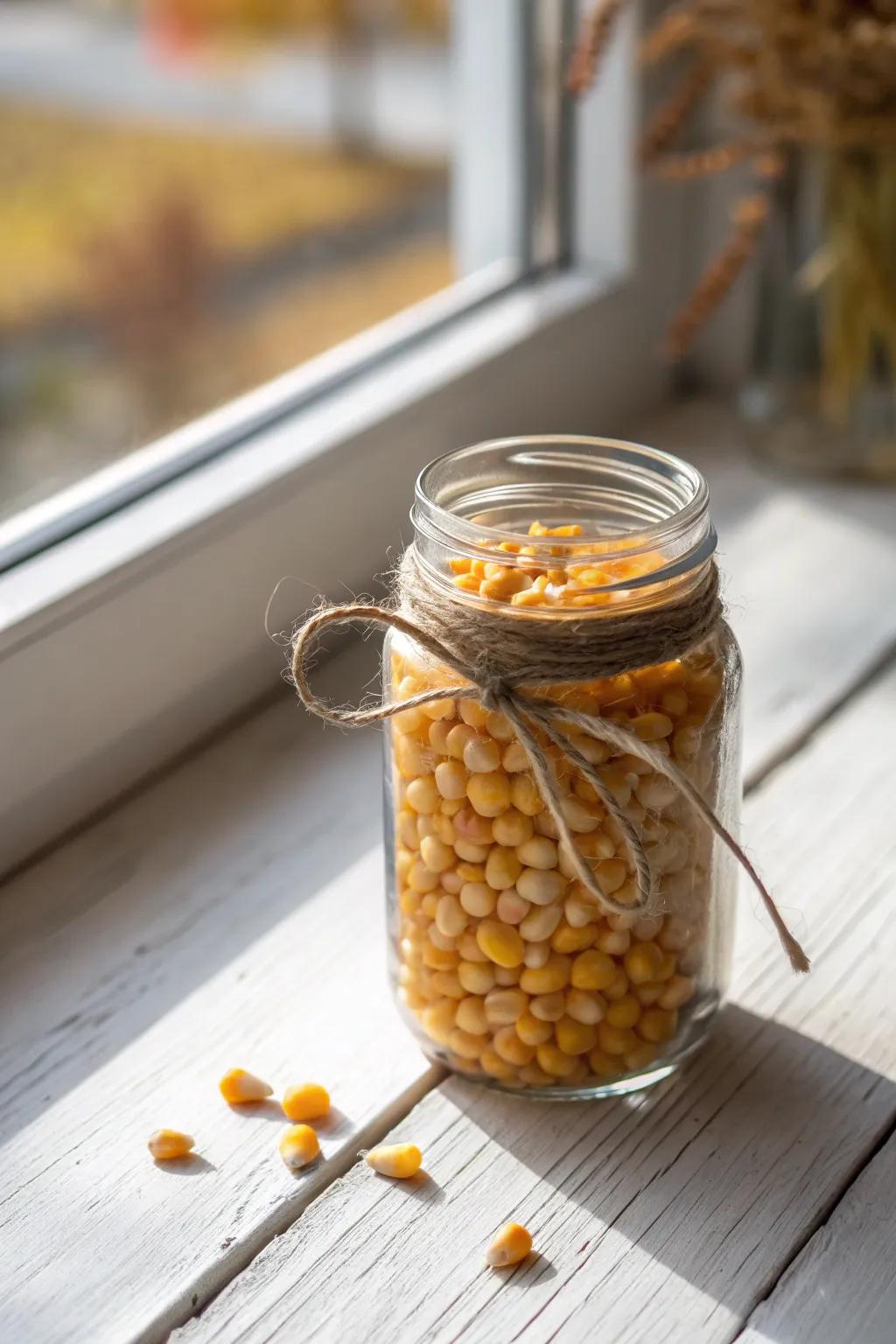 Capture the essence of autumn through an unpretentious yet magnificent seed grain jar centerpiece.