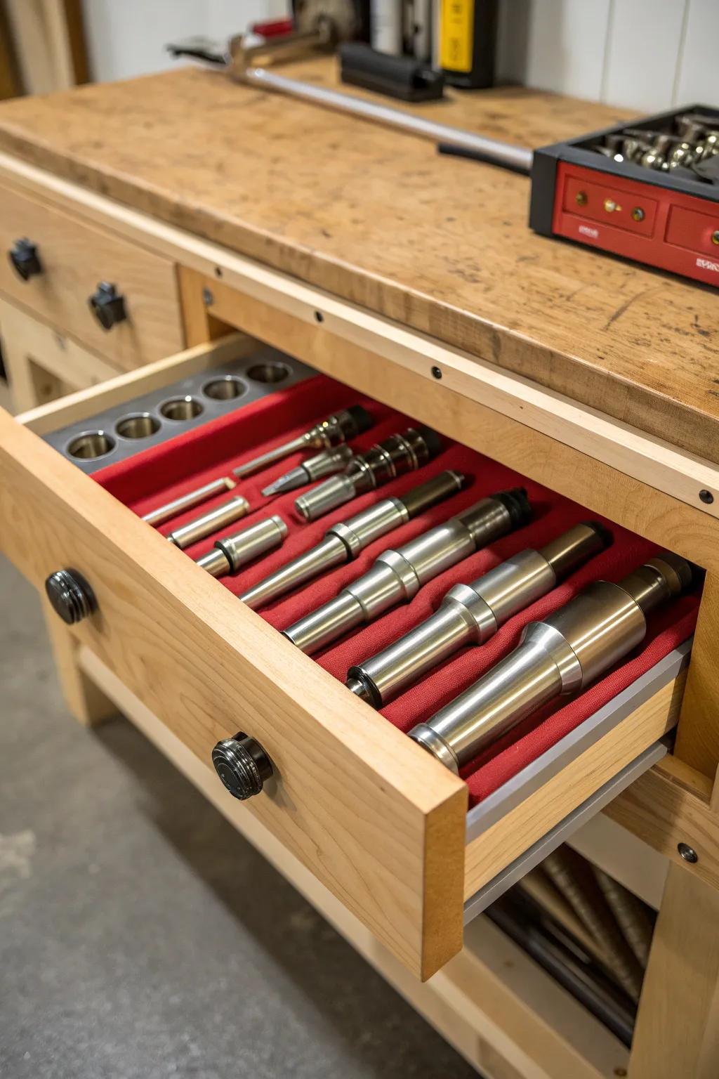 Maximize your workspace with refined sub-bench tool stowage, where precision meets style.