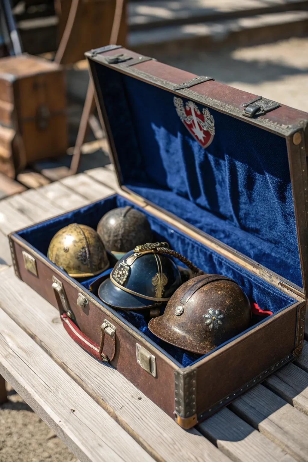A hint of adventure: Showcase your miniature helmets inside a vintage travel case to achieve a distinctive and striking decor expression.