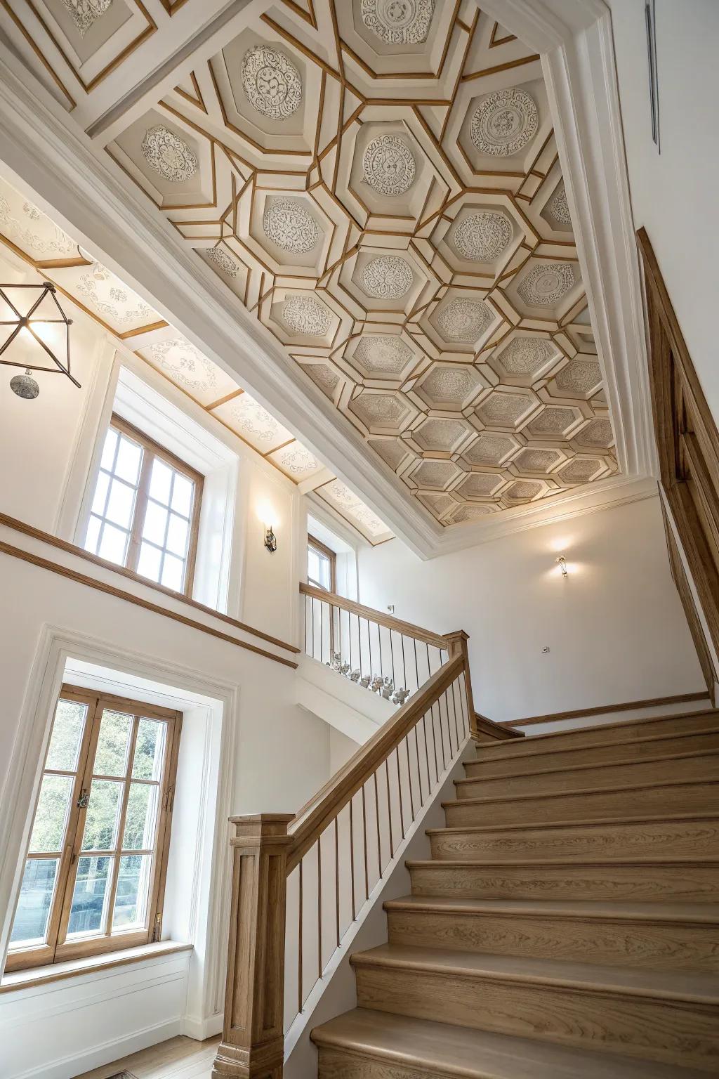 Perfect your stairway with the surprising grace of a segmented ceiling. Discover the skill of gazing upwards.