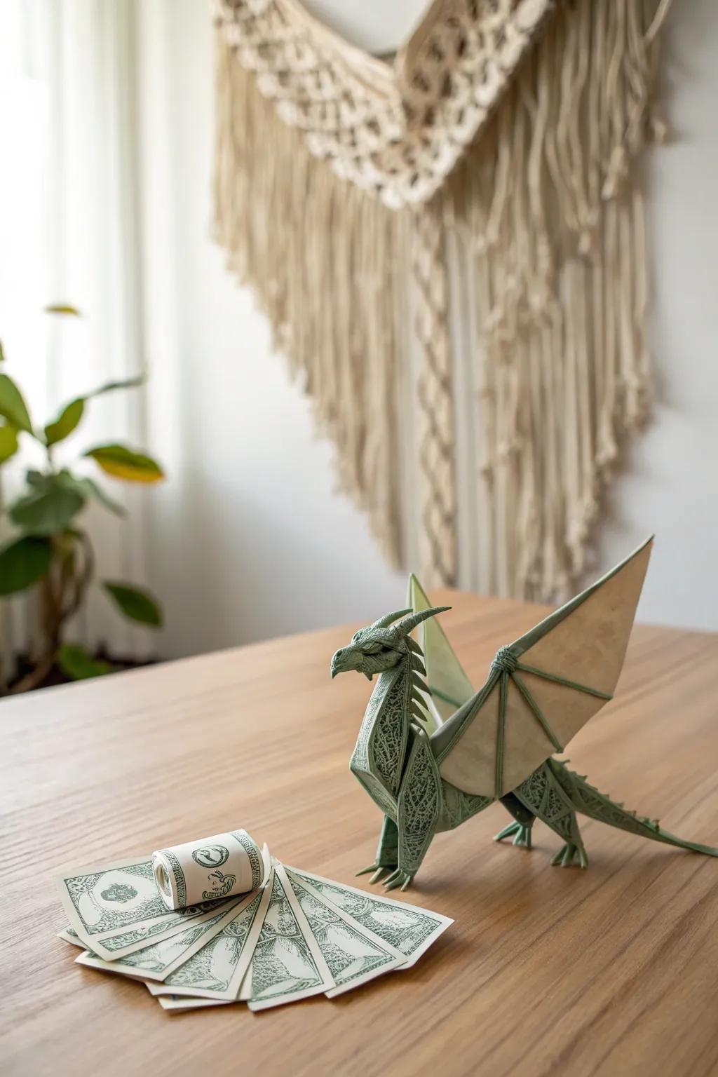 Unleash the artistry of origami with this stunning dollar dragon, a testament to ingenuity and craftsmanship.