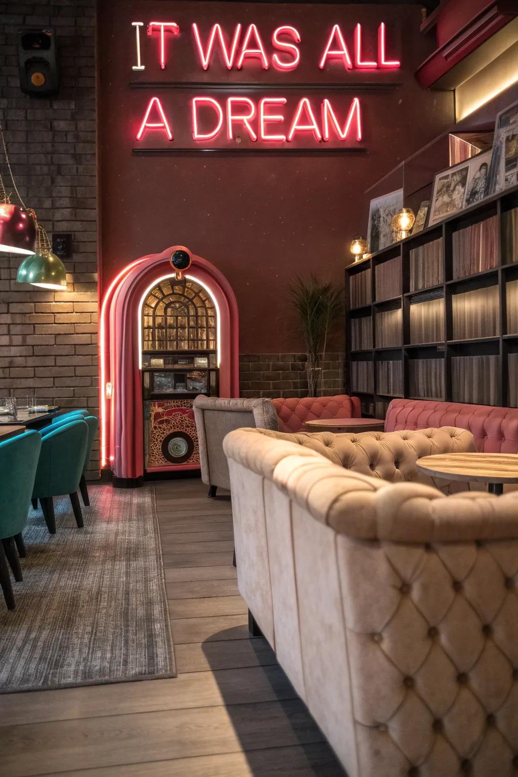 A vintage inspired space with a great illuminated sign.