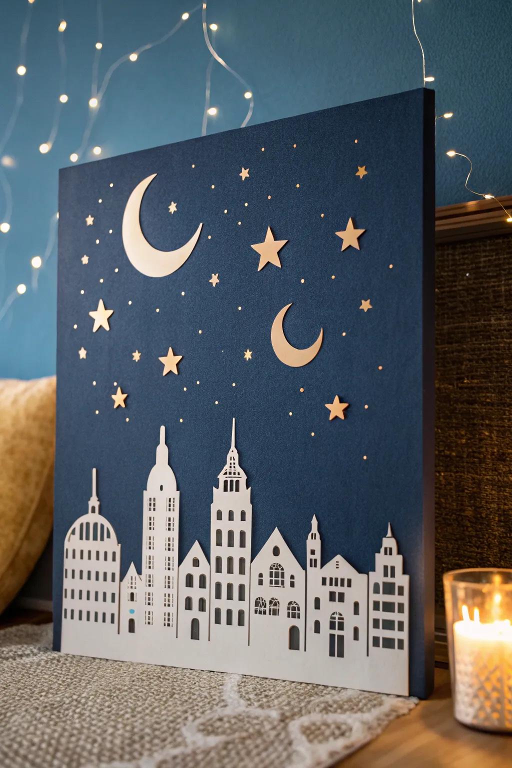 Seize the wonder of a whimsical cityscape beneath a starlit expanse, where simplicity complements celestial elegance.