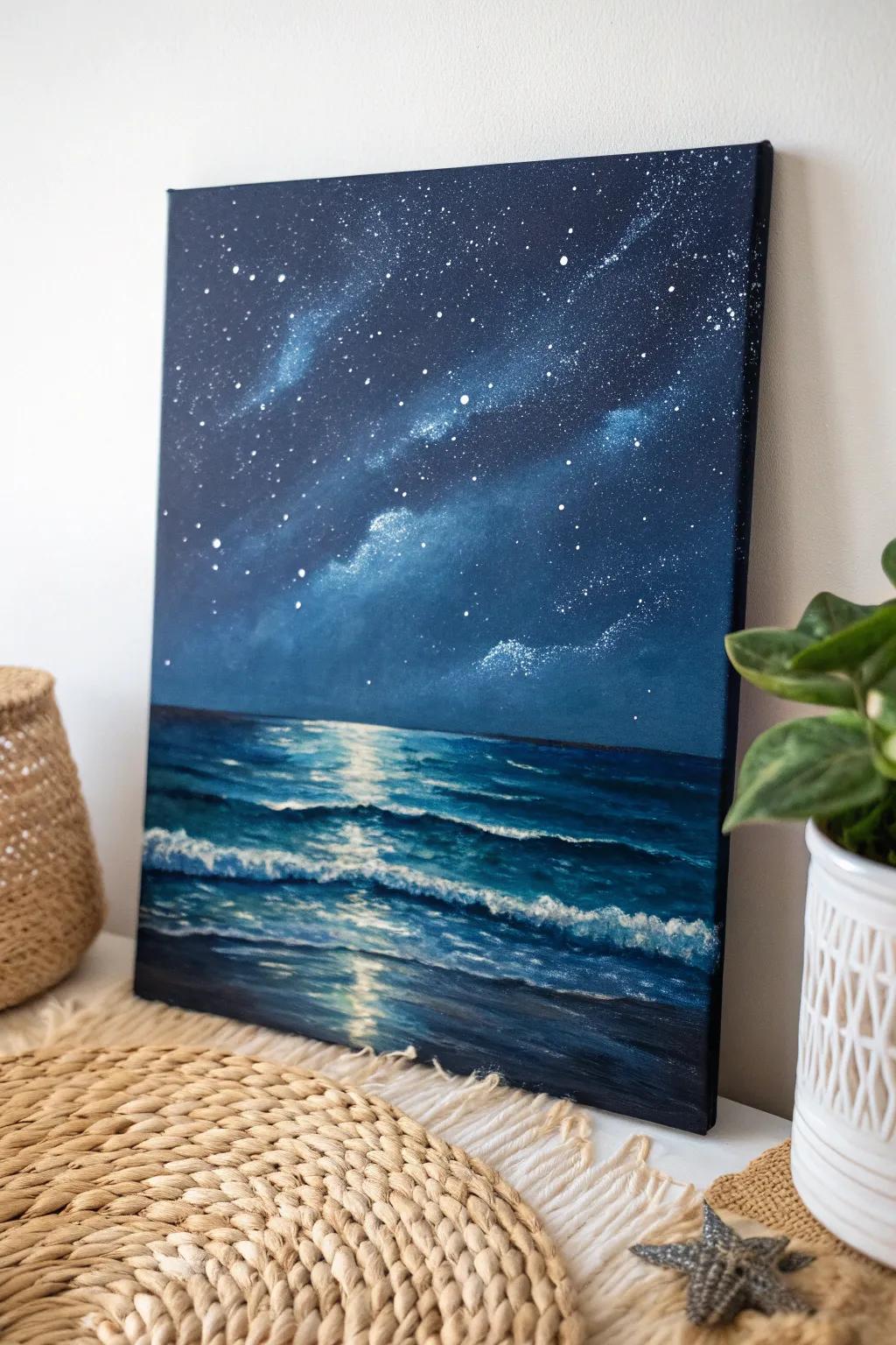 Echo the night: Embrace the serene cadence of stars on oceanic undulations with minimalist grace.