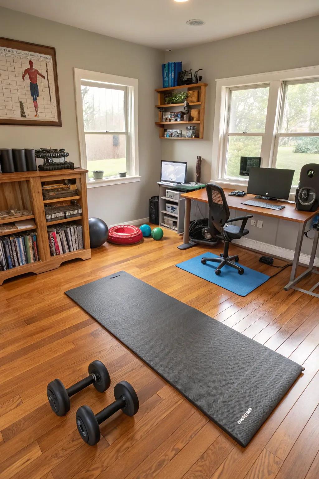 Durable flooring suited for both working and workouts.