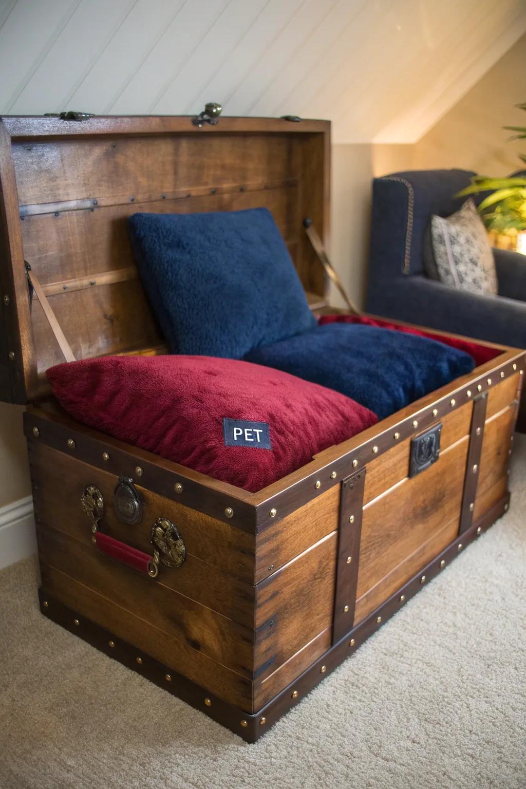 Transform an old trunk into a pet paradise: where vintage style meets cozy comfort.