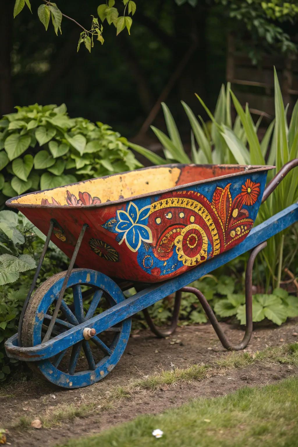 Transform your garden into a canvas with a strikingly painted wheelbarrow masterpiece.