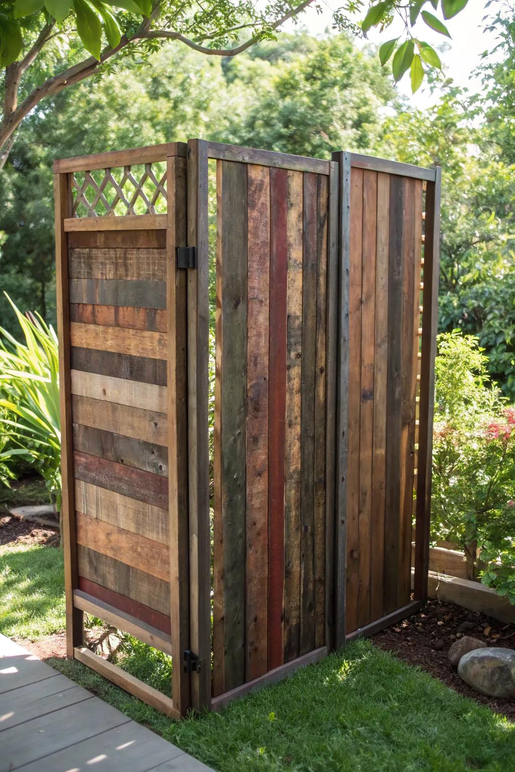 Renew your outdoor space with a rustic privacy screen handcrafted from reclaimed shipping pallets, where eco-consciousness meets classic craftsmanship.