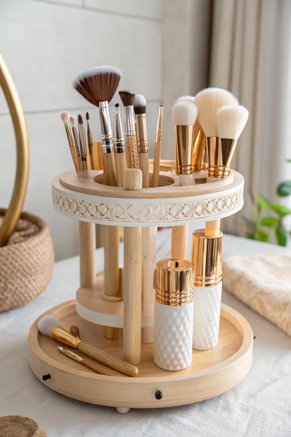 Spin into artistry with this stylish revolving applicator carousel!