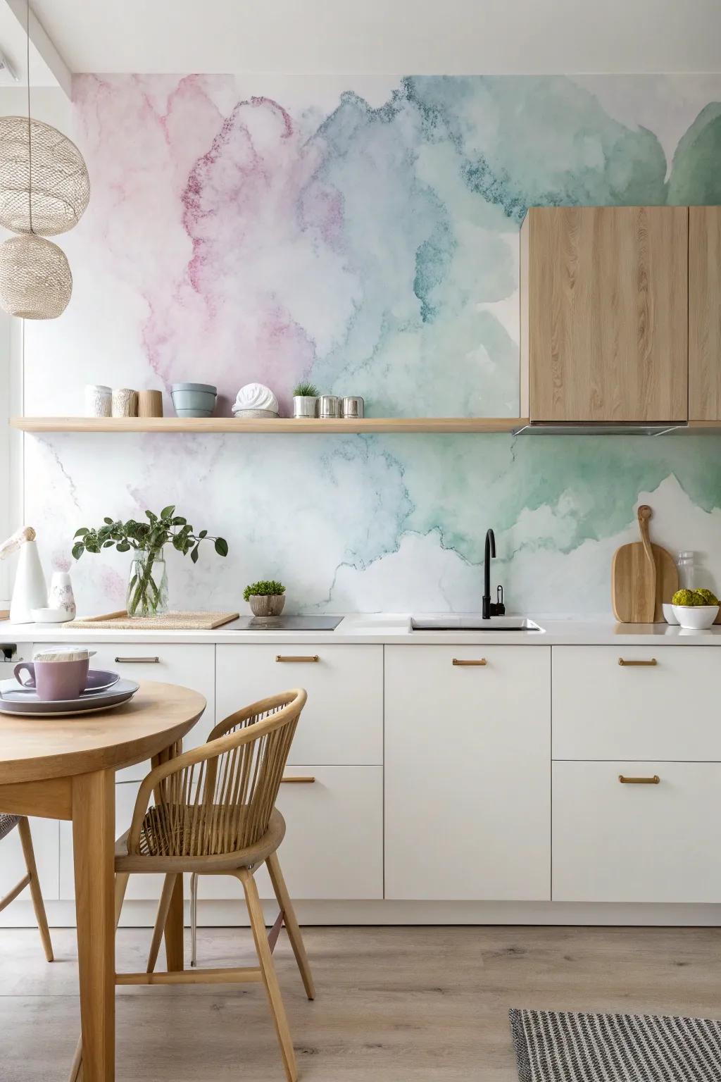 Metamorphose your culinary space into an artistic sanctuary via a serene translucent dye wash backsplash.