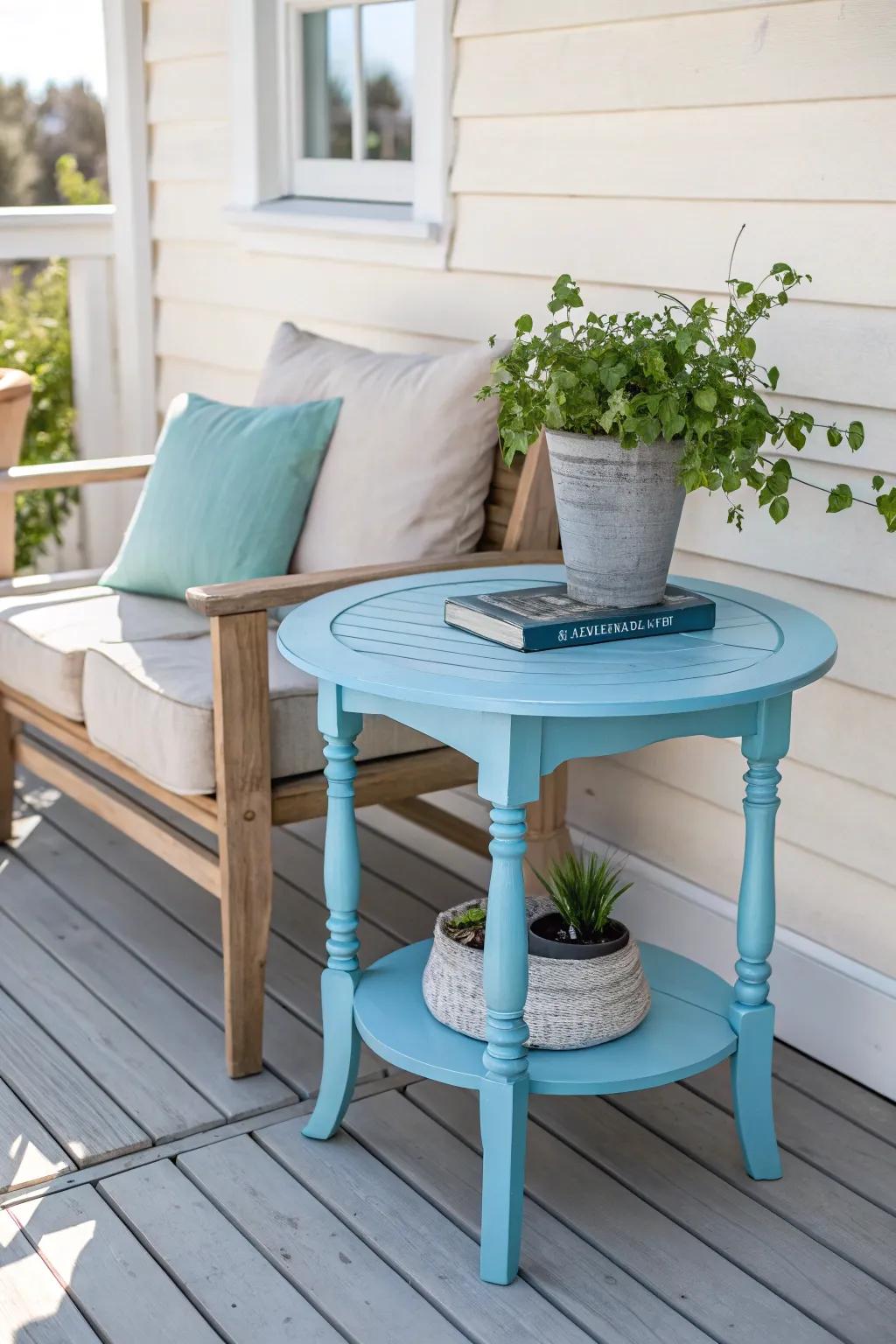 Transform your outdoor area with a vibrant sky-blue end table, where minimalism meets boho charm.