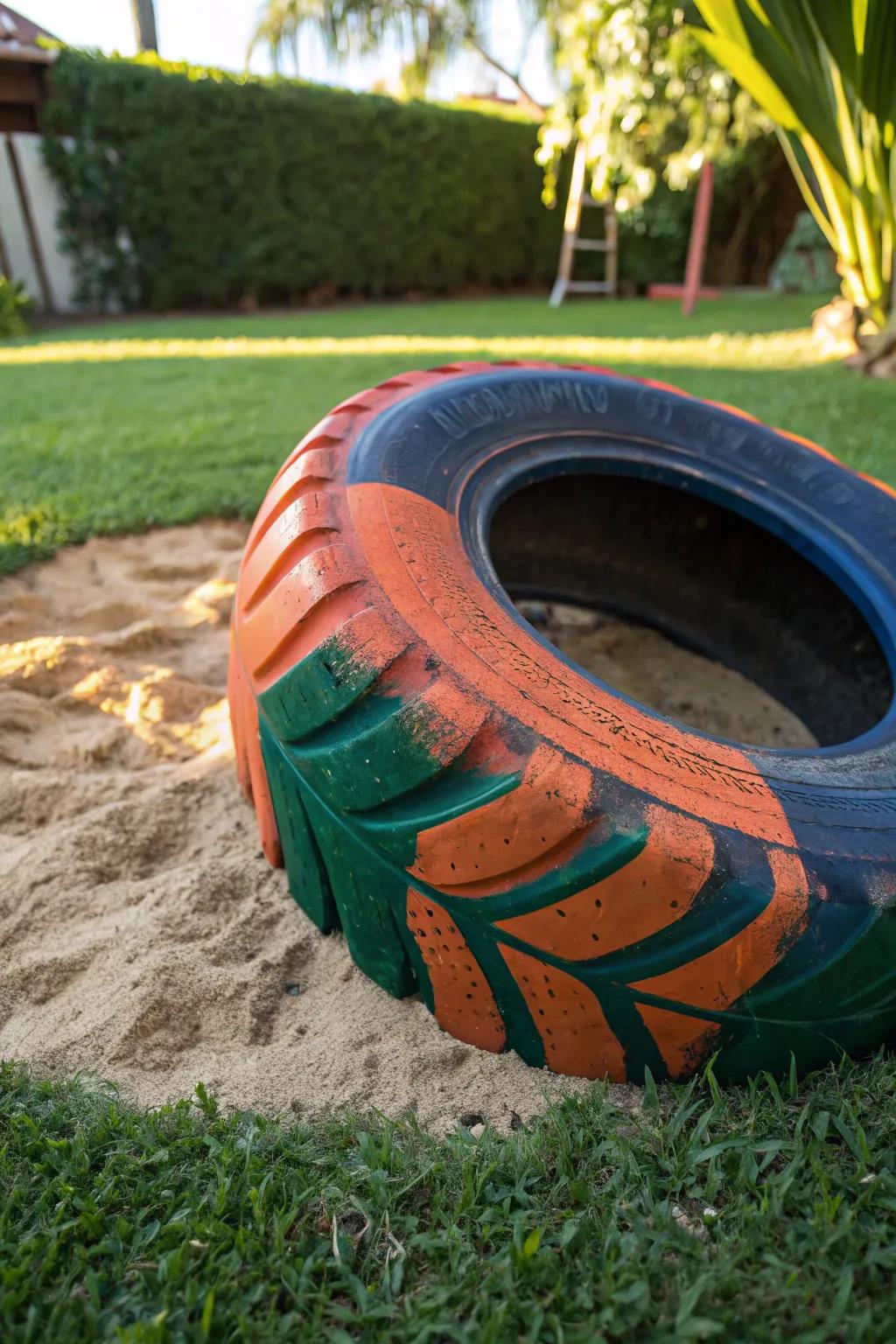 Transform your backyard into a kid's utopia with this elegant and vibrant tire play area.
