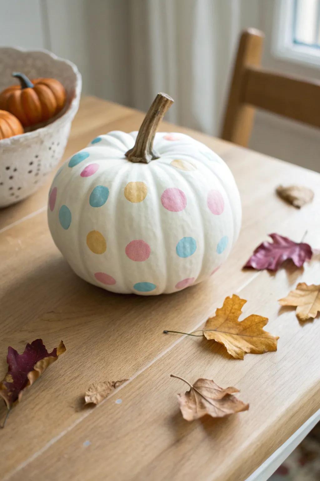Embrace autumn with a touch of whimsy: our Polka Dot Delight pumpkin adds a playful and elegant flair to your fall decor.