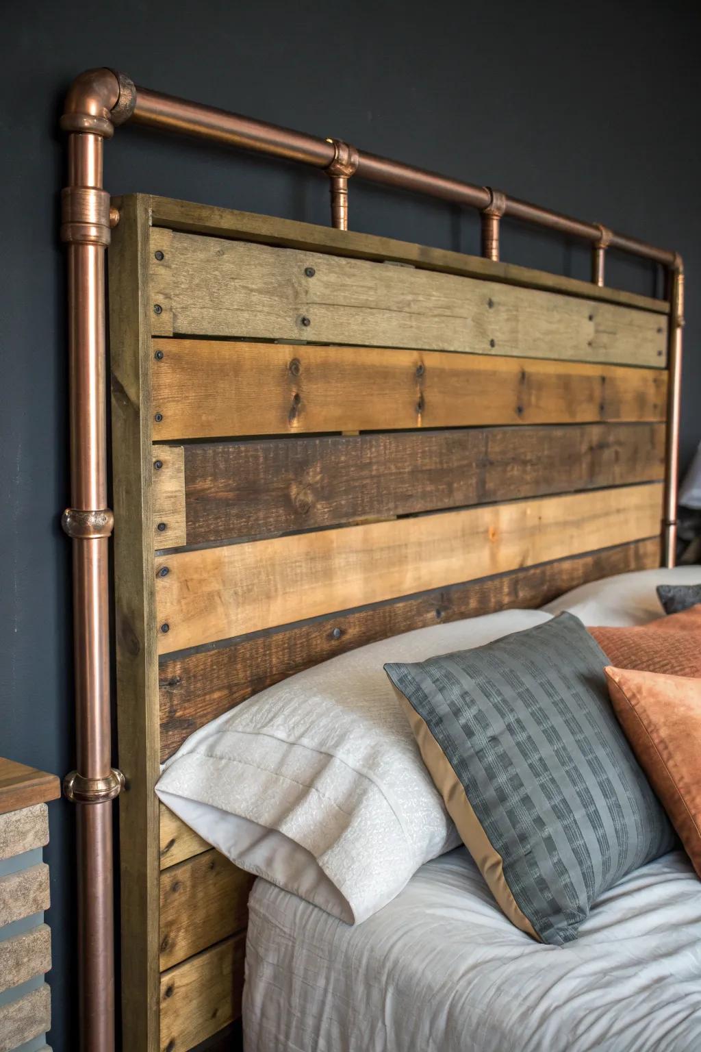 Make your bedroom better with a wooden platform headboard that expertly blends timber, metal, and fabric for an industrial-chic vibe.