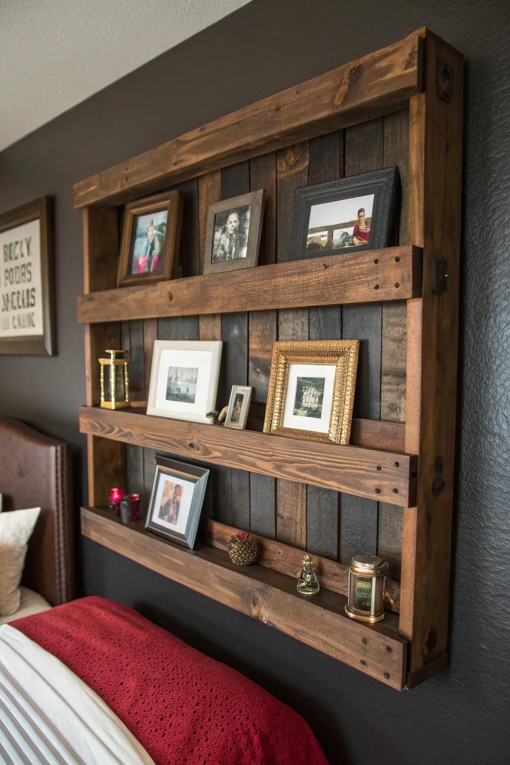 Elevate your bedroom design with this stunning pallet rack, where cherished memories converge with timeless craftsmanship.