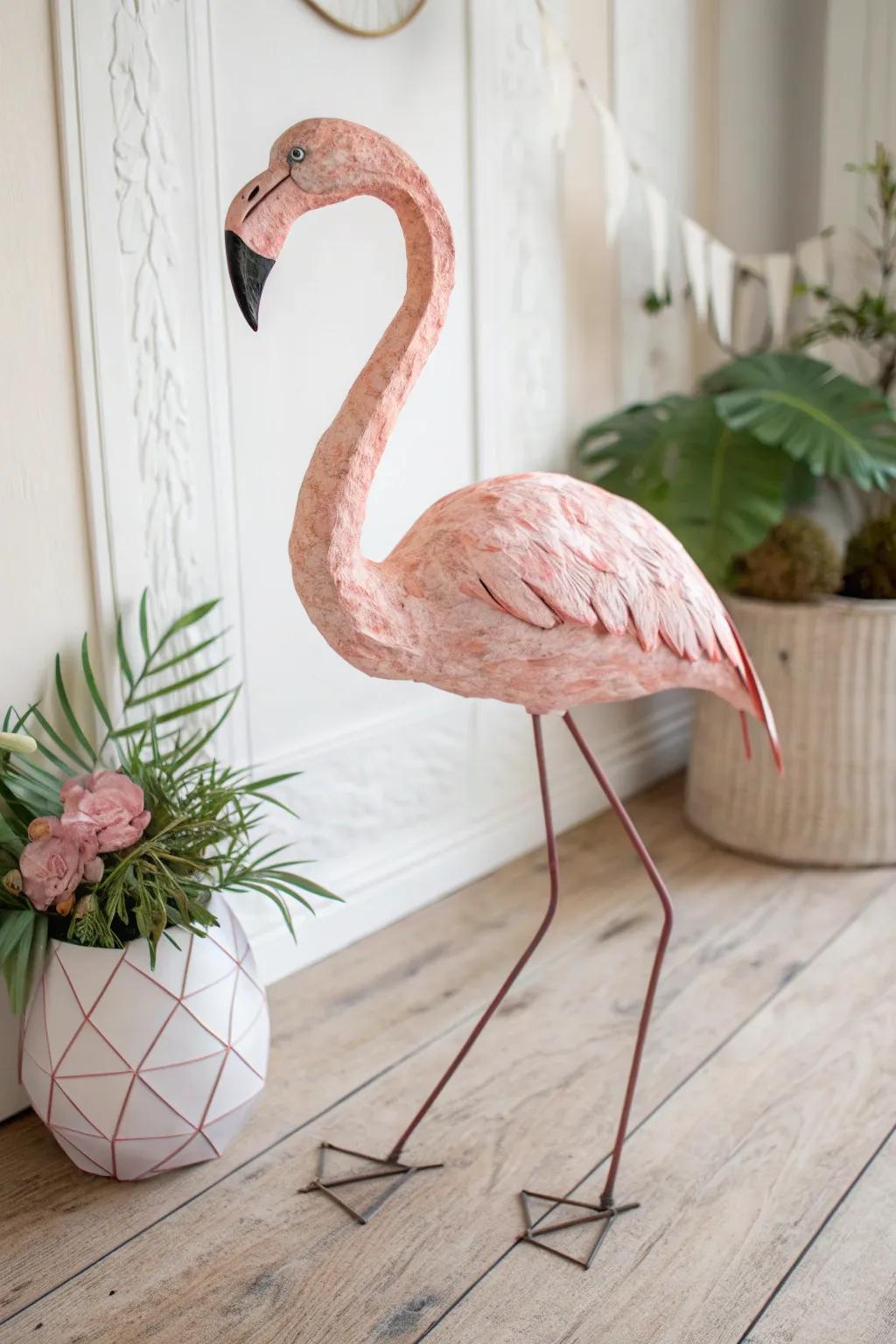 Impart a scintilla of charm to your space with this exquisite paper mache flamingo.