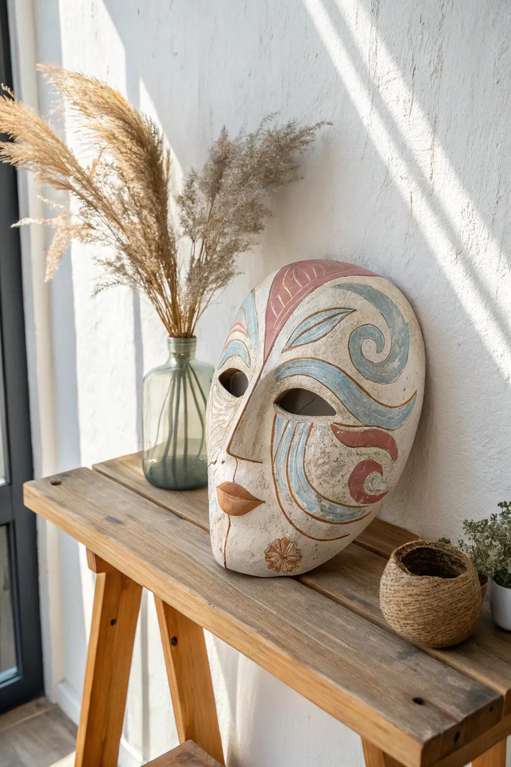 Craftsmanship exemplified in effortlessness: an enthralling non-figurative paper mache mask crafted for your artistic muse.