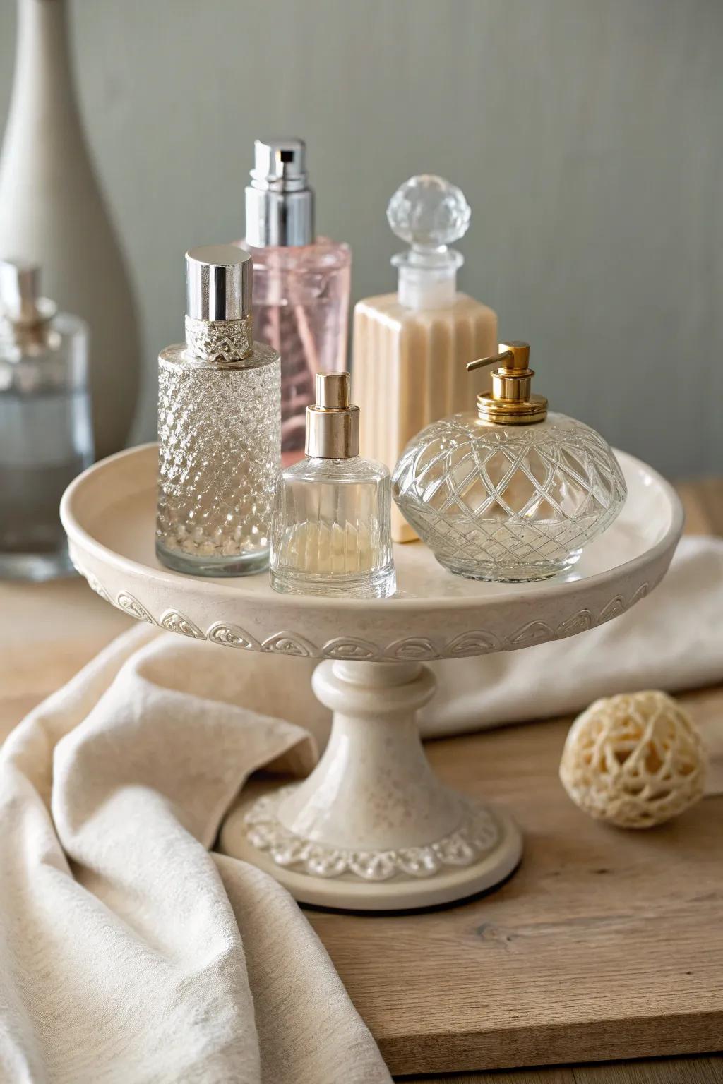 Transform your perfume display with cake stand elegance—where simplicity meets style.