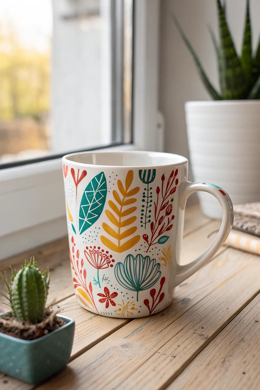Brighten your day with a splash of color! This personalized mug combines minimalist elegance with vibrant patterns for a unique touch.