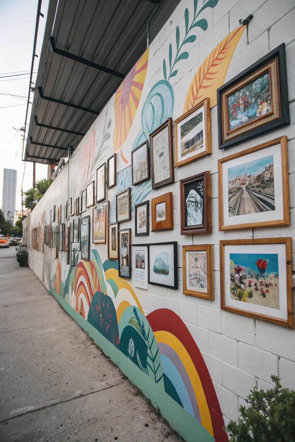 A mural backdrop enriches the artistic impact of the gallery wall.