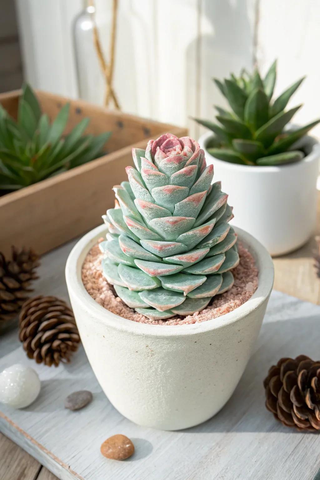 Embrace nature's ingenuity with a pinecone transformed into a remarkable succulent.