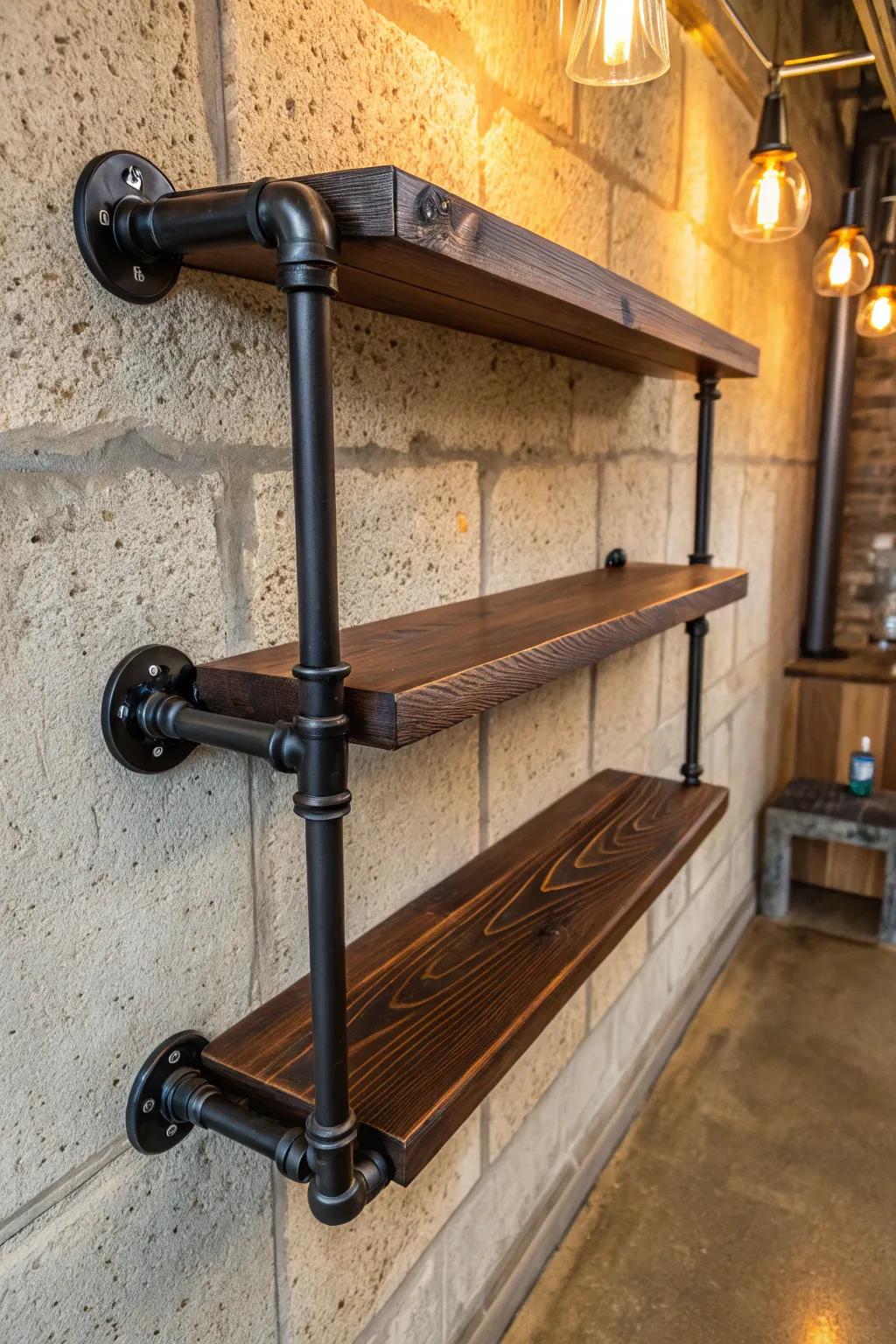 Amplify your area with salvaged timber and pipe shelving—where sustainability converges with style.