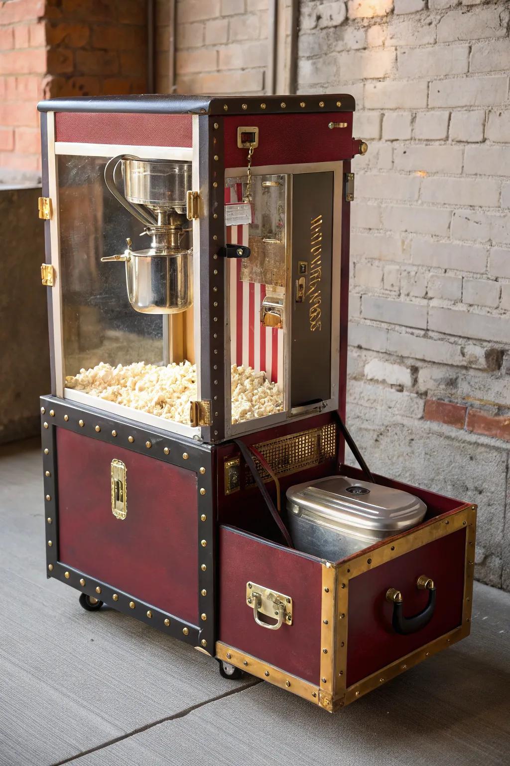 Transform nostalgia into flavor using this repurposed luggage popcorn station.