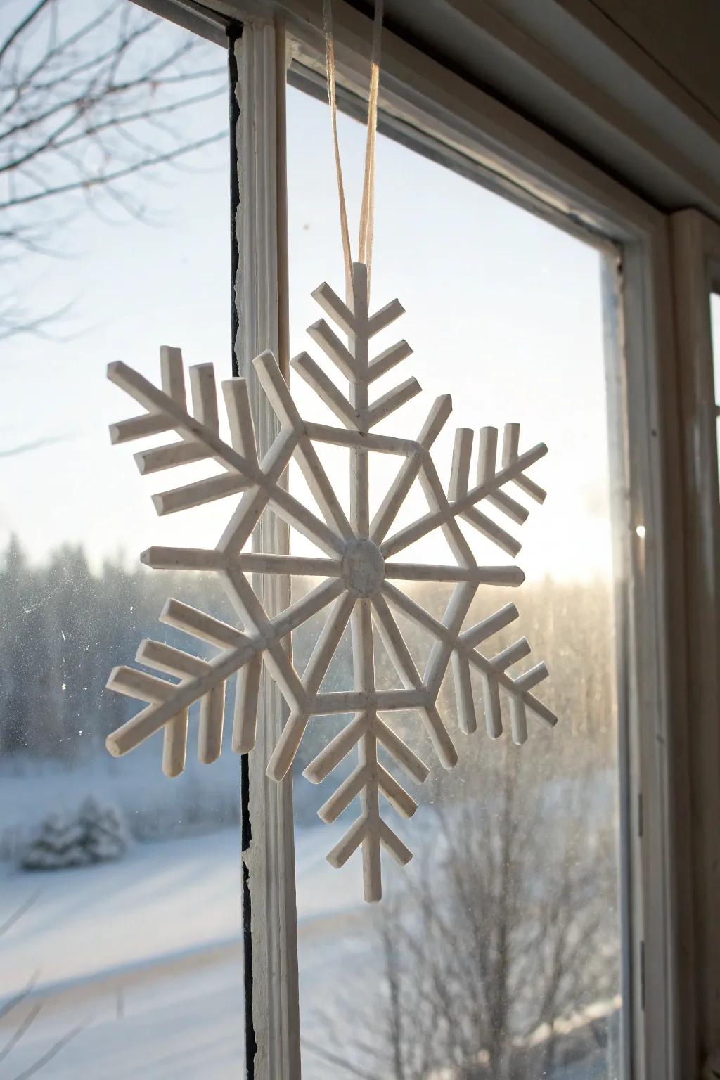 Welcome the winter wonderland with handcrafted popsicle stick ice crystals, incorporating a hint of minimalist enchantment into your decor.