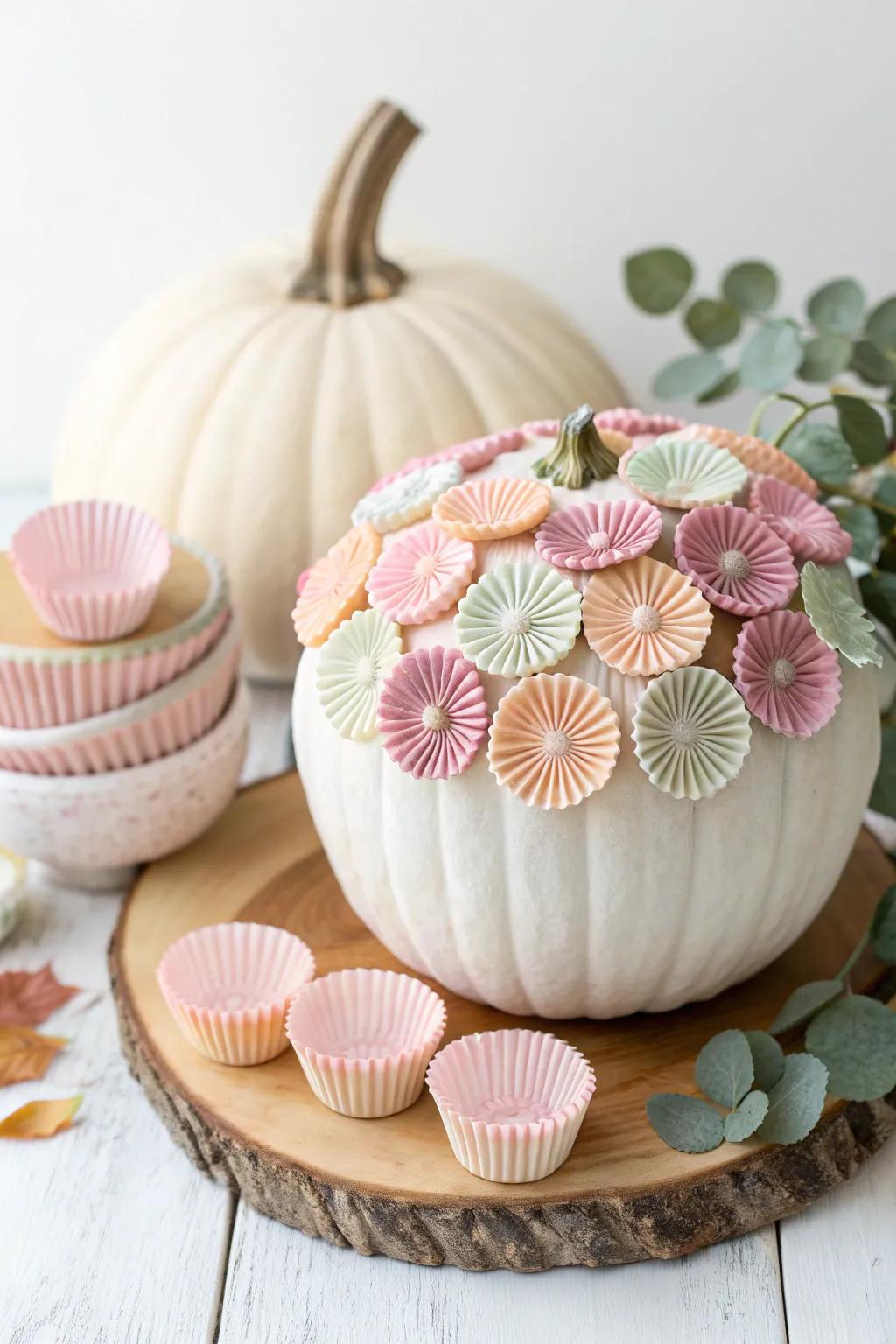Transform your pumpkin into a whimsical masterpiece with pastry liner patterns.