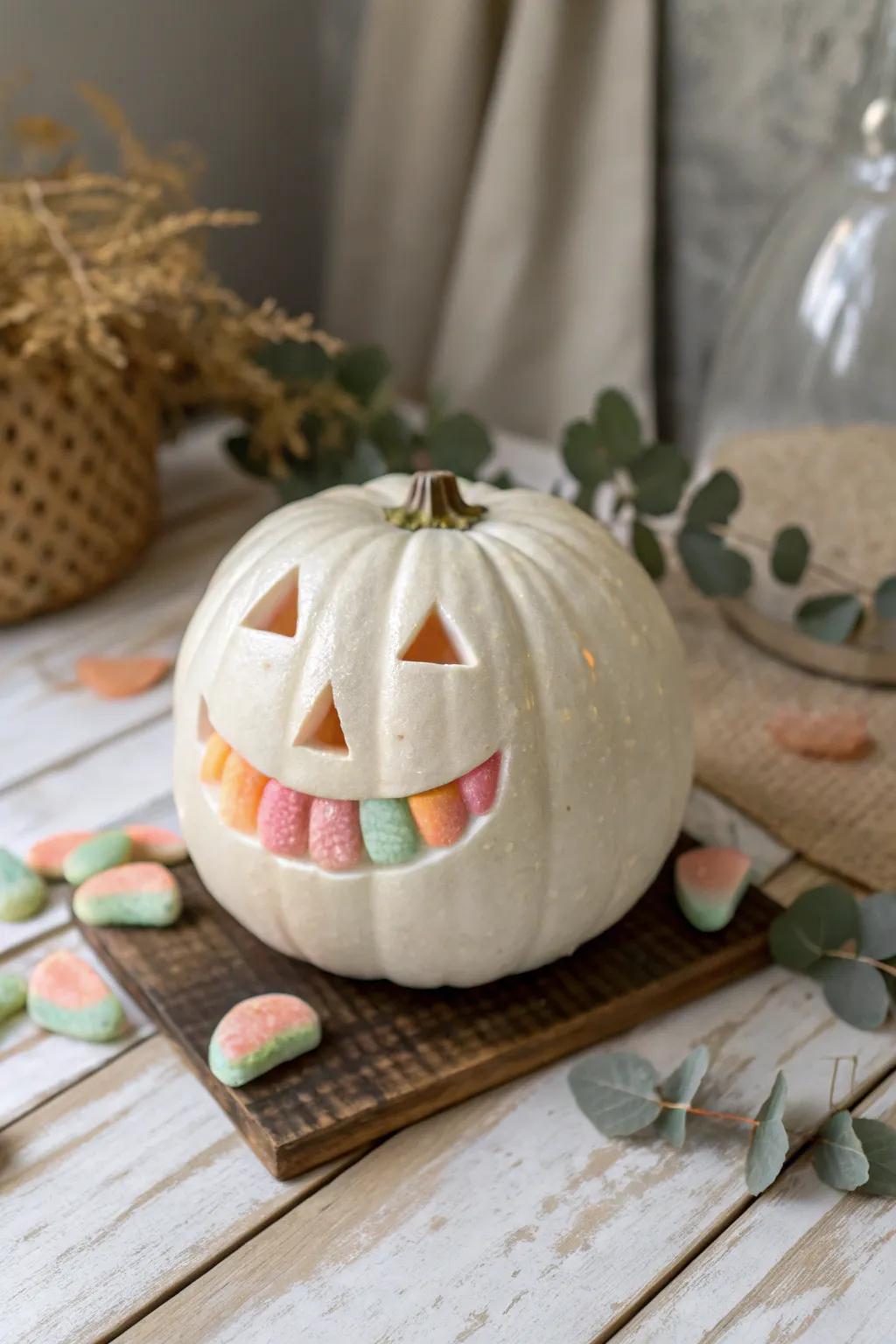 Sweeten your pumpkin's expression through playful gelatinous dentures for a charming variation!