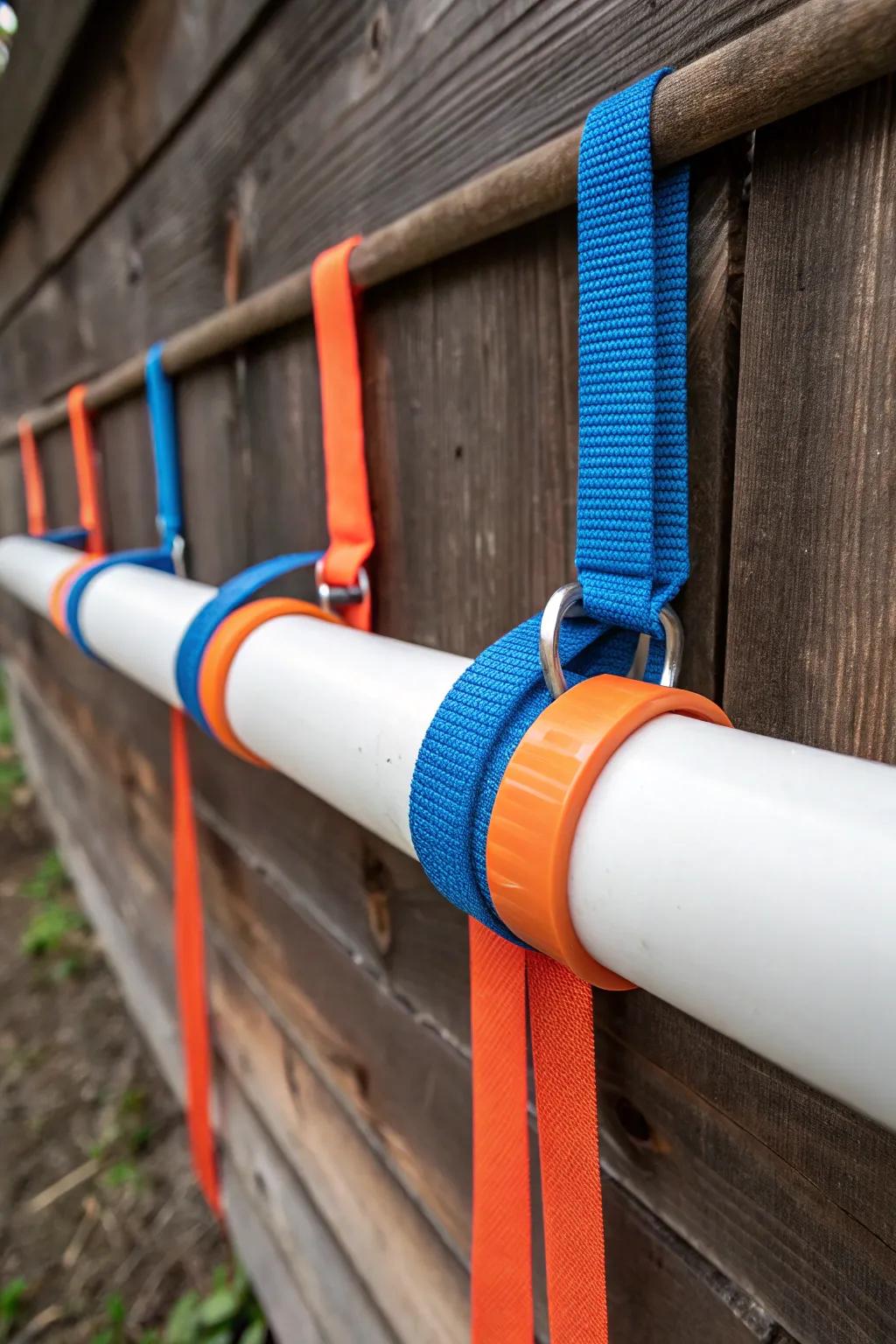 Organize with panache: Striking plastic piping storage for your tie-down straps.