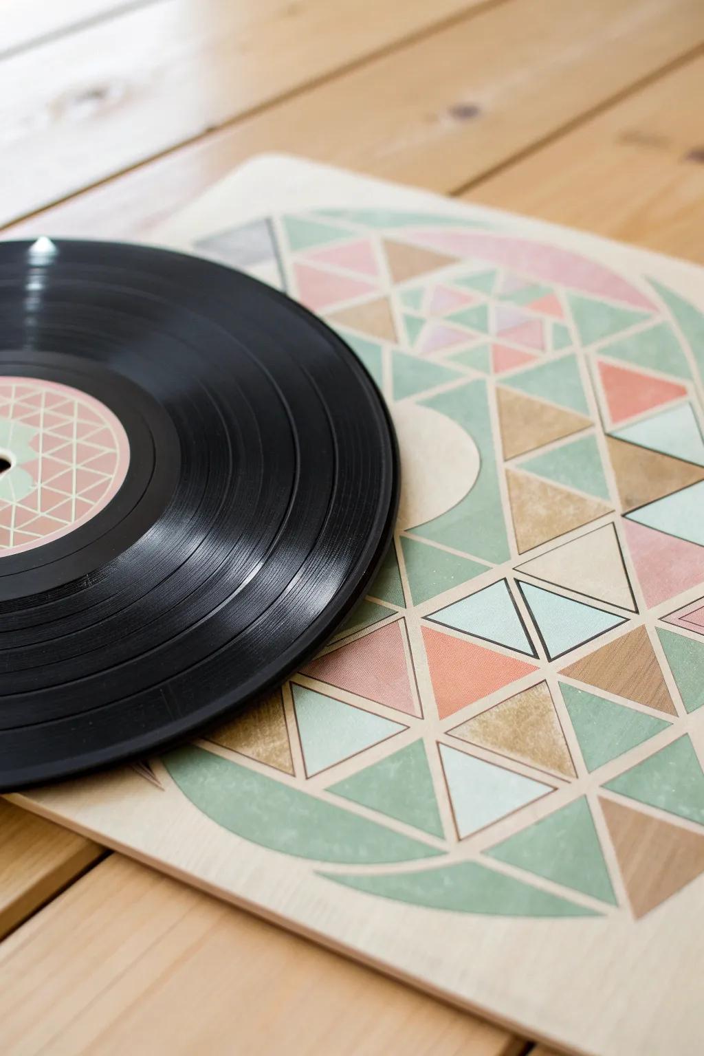 Acknowledge the marvel of contradictions within geometric vinyl artwork, highlighting the blend of modern concepts with traditional styling.