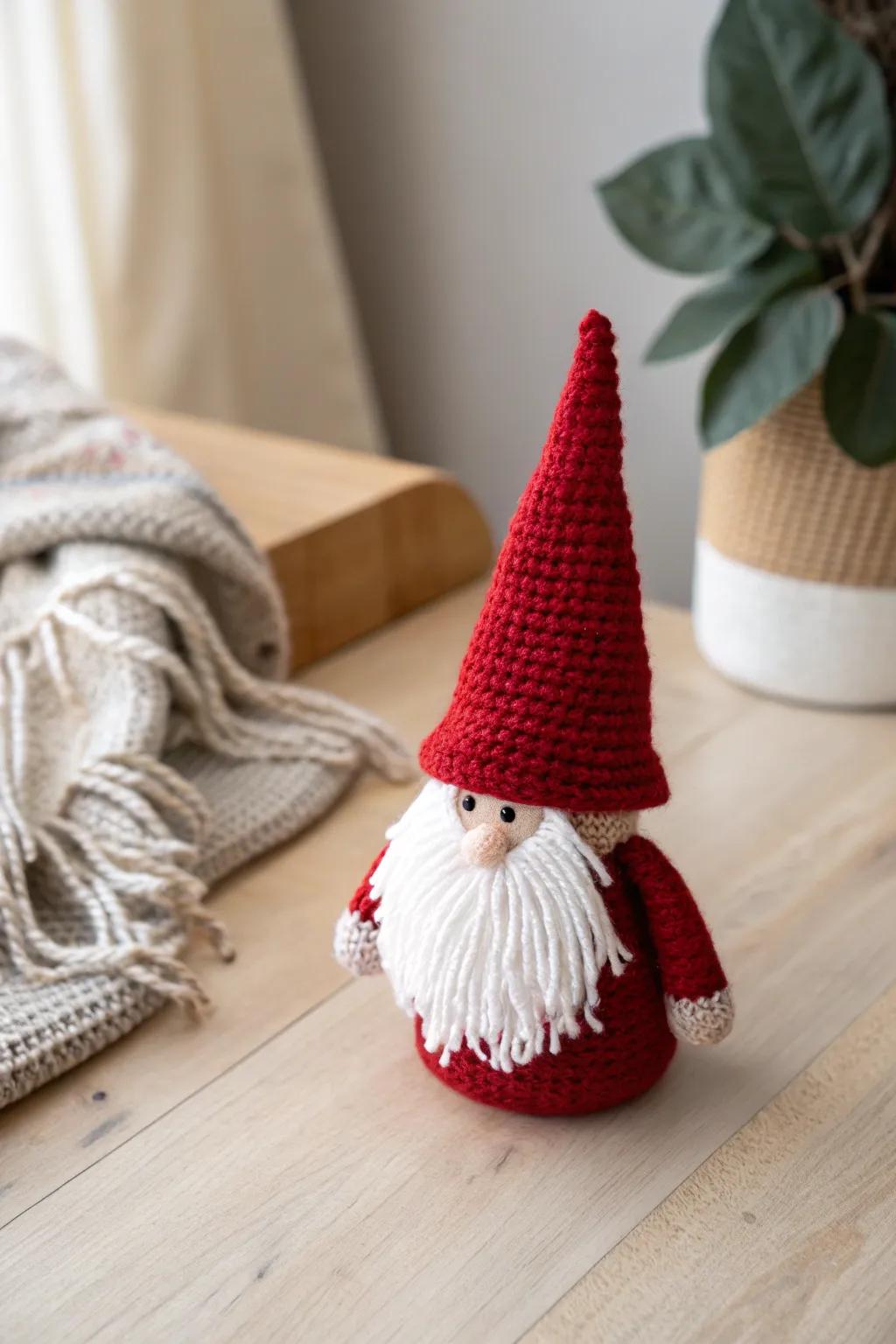 Imbue a dash of whimsy into your space with this charming scarlet crochet sprite!