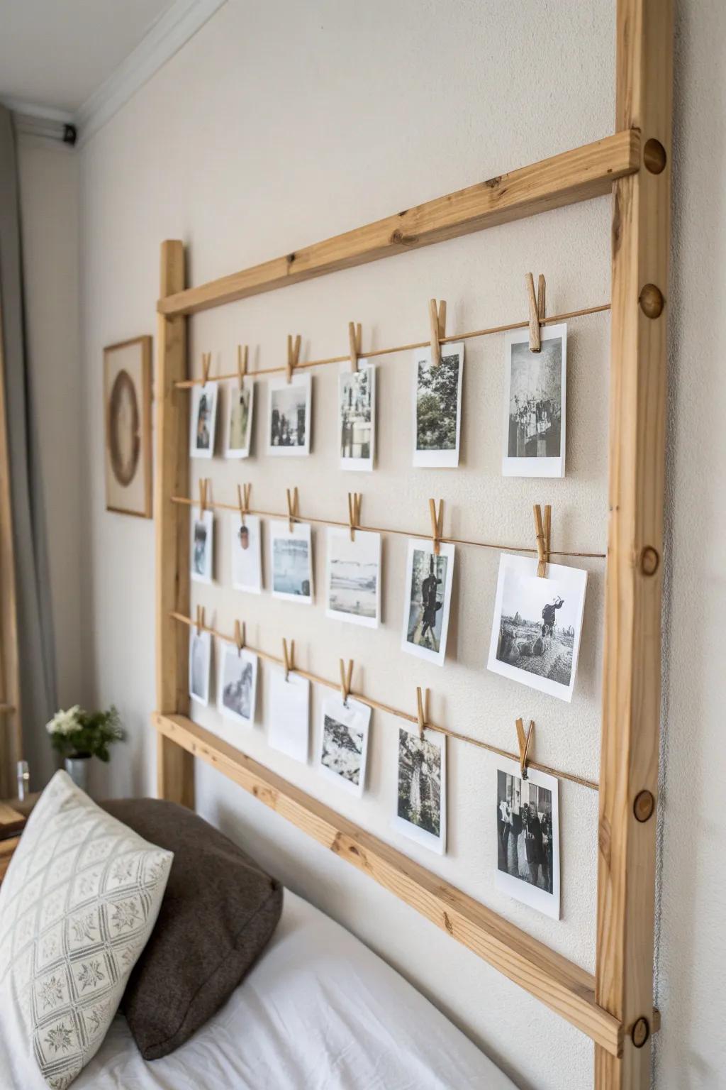 Transform your memories with a rustic photo display rail, blending simplicity with boho elegance.