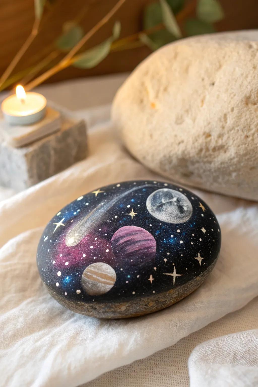 Bring the cosmos into your dwelling with this beautifully painted galactic stone.