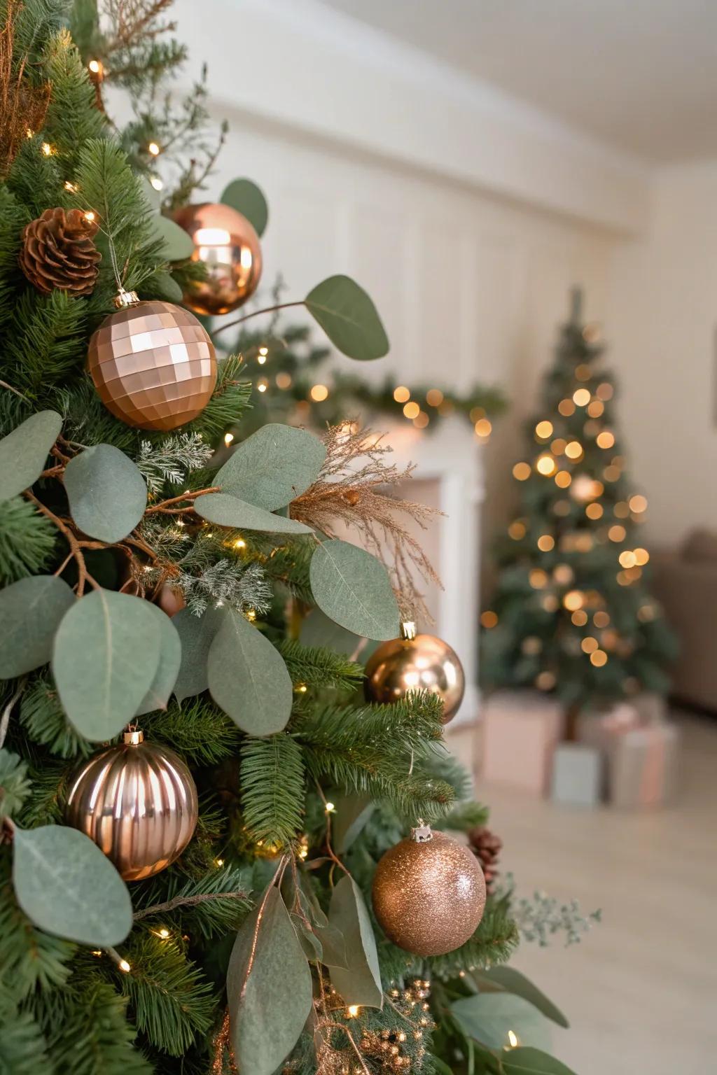 Silver drop sprigs introduce an inherent detail to the rose gold-decorated tree.