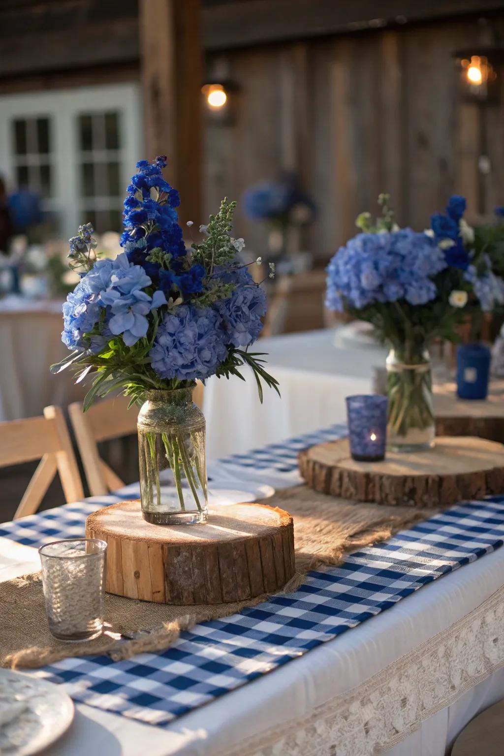 Timber aspects paired with azure flowers fashion a charming and down-to-earth centerpiece.