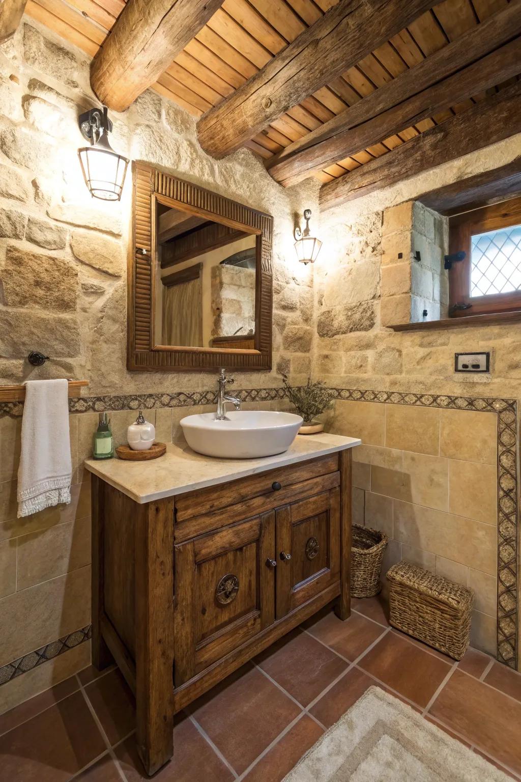 A country bathroom that features a vanity painted with warm, earthy shades.