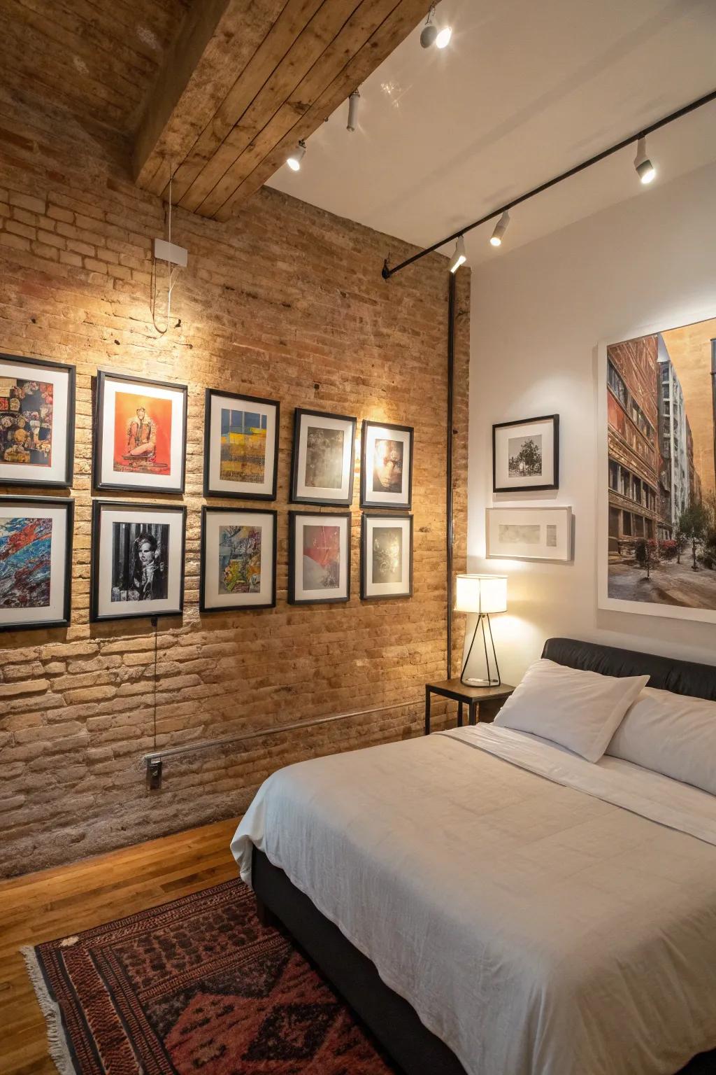 Art compositions adding a touch of sophistication to the raw brick wall.