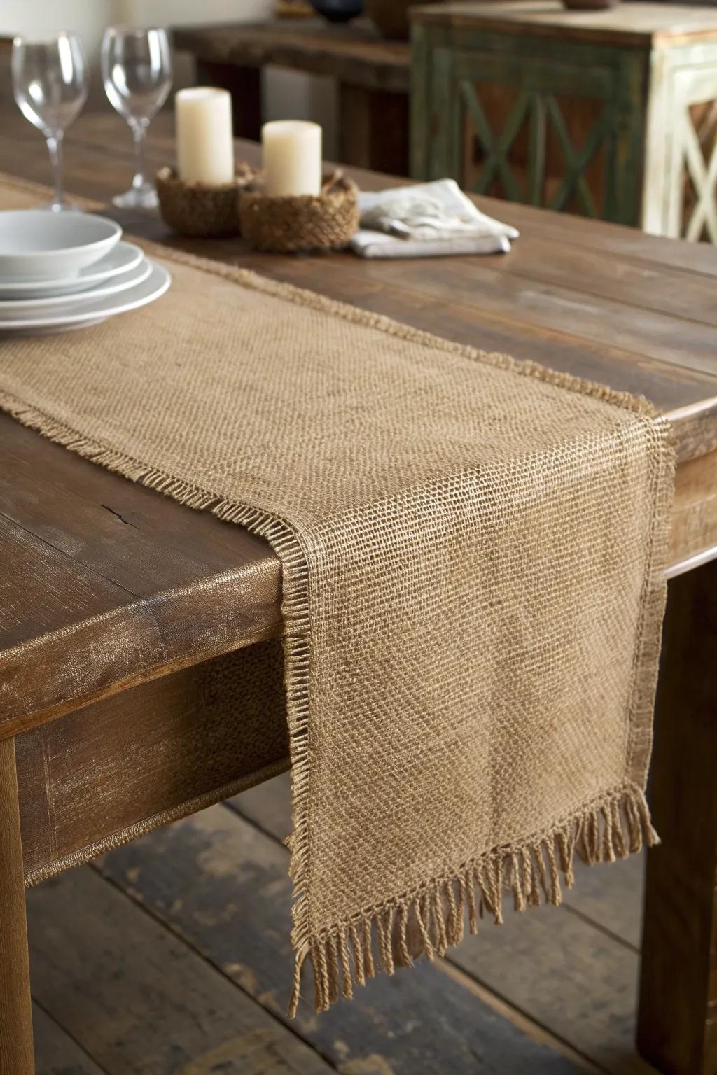 Elevate your dining affair with a handcrafted hessian table pathway, an ideal fusion of rustic splendor and artisanal mastery.